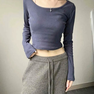 U-Neck Cutout Knit Cropped Long Sleeve T-Shirt