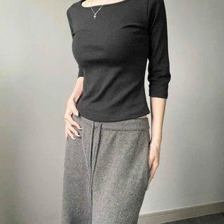 Boat Neck Slim Fit Thick Fleece-Lined Long Sleeve T-shirt
