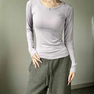 Round Neck Cotton Spandex Slim Fit Long Sleeve T-shirt