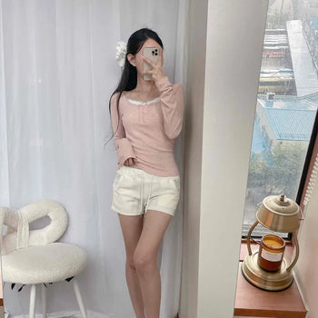 Velvet Elastic Waist Pocket Wide Shorts