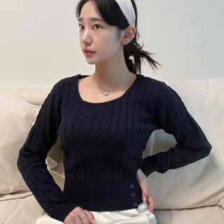 Cable Knit Side Button Cinched Waist Square Neck Crop Long Sleeve Knit