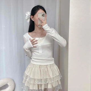 Lace Ribbon Contrast Button Layered Slim Fit Long Sleeve T-shirt