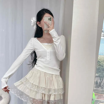 Suede Lace Ribbon Frill Elastic Waist High-Waisted Tiered Mini Skirt