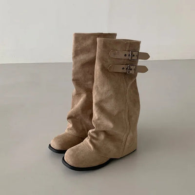 ◈Long Version◈Wide Fit◈High-Quality Warmer Long Boots Autumn Buckle Suede Leather Big Size Biker Vintage Big Size Shoes