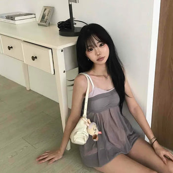Mesh Chiffon Square Neck Shirred Bustier Sleeveless