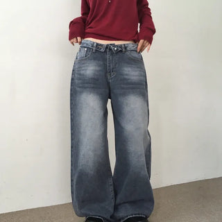 Gray folding wide denim long pants
