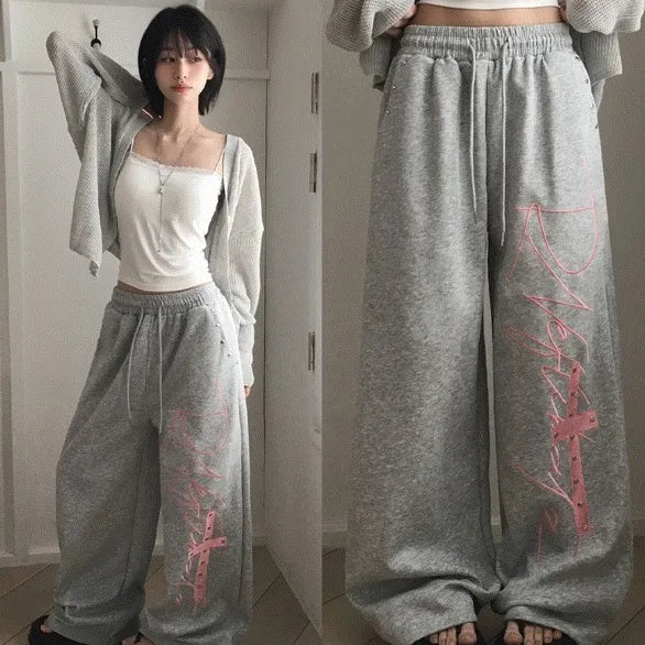 Pink Cross-Banding Wide Long Pants, Hip Mood