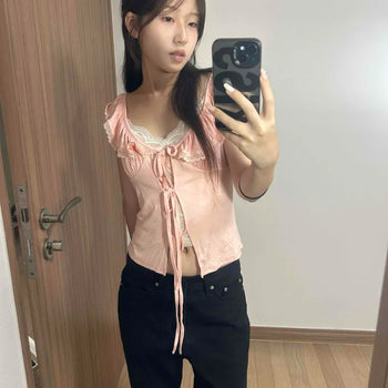 Square Neck Cap Sleeve Frill Lace Slim Fit Crop Blouse