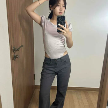 Low-rise Button Cotton Denim Bootcut Long Pants