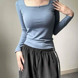 Square Neck Slim Fit Fleece-Lined Long Sleeve Knit T-shirt