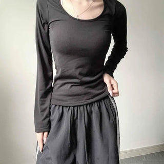 Fleece-lined Slim Fit Fit Layered U-neck Long Sleeve T-shirt