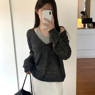 Layered, Alpaca Wool Deep V-Neck Knit