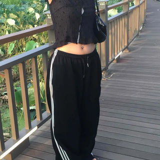 Silk Stripe String Elastic Wide Track Pants