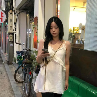 V-neck Frill Layered Adjustable Loose Fit Sleeveless Top