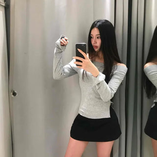 Banded Off-Shoulder Slit Long Sleeve T-shirt