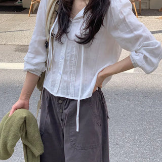 Loose Fit Pintuck Puff Long Sleeve Blouse
