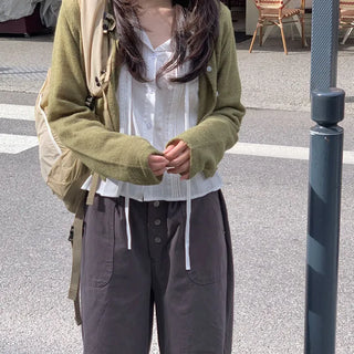 Olive Wool Alpaca Round Knit Cardigan
