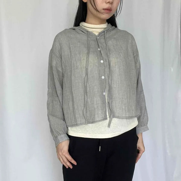 Gauze Cotton Hooded Drawstring Pocket Cropped Oversized Long Sleeve Shirt