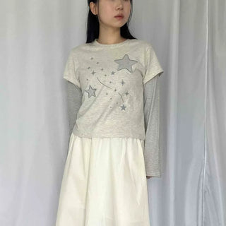 Star Graphic Round Neck Knit One-in-One Layered Crop Long Sleeve T-shirt
