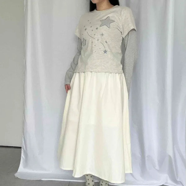 High-waisted Cotton Elastic Flare Midi Skirt