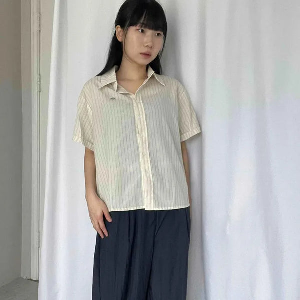 Striped Button-Down Loose Fit Crop Short Sleeve Shirt