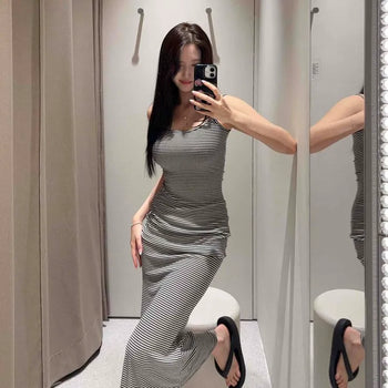 Striped Sleeveless Round Neck Slim Fit Mermaid Slit Long Dress