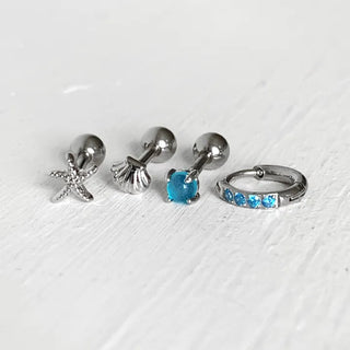 (Set) Blue Ocean Piercing Set Starfish Shell Summer Gemstone Basic Barbell Cubic One-Touch Ring Surgical Steel 8mm Earrings Labret Bar