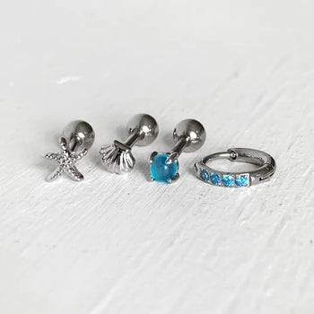 (Set) Blue Ocean Piercing Set Starfish Shell Summer Gemstone Basic Barbell Cubic One-Touch Ring Surgical Steel 8mm Earrings Labret Bar