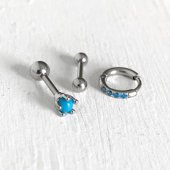 (Set) Blue Turquoise Piercing Set Gemstone Turquoise Blue Cubic One-Touch Ring Basic Barbell Surgical Steel 8mm Earrings Labret Bar