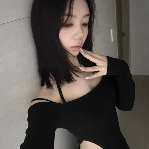 Off-shoulder Square Neck Back Slit Long Sleeve Tight Fit Long Jumpsuit