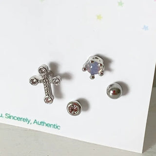 (Set) Misty Cross Piercing Set Opal Gemstone Mini Cubic Cross Basic Barbell Surgical Steel 8mm Earrings Labret Bar