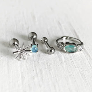 (Set) Bohemian Piercing Set Mint Green Vintage Gemstone One-Touch Cubic Ring Basic Barbell Surgical Steel 8mm Earrings Labret Bar