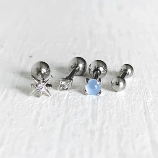 (Set) Lucid Piercing Set Mini Flash Blue Gemstone Cubic Basic Barbell Surgical Steel 8mm Earrings Labret Bar