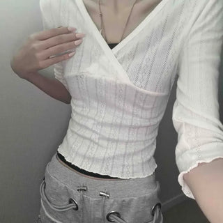 V-neck Wrap-style Frill Sleeve Shirred Crop Short Sleeve Tee