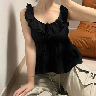 Frill Shirred Flare Loose Fit Sleeveless Layered Blouse