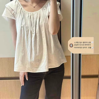 Wing Layered Shirring Elastic Loose Fit Short Sleeve Blouse