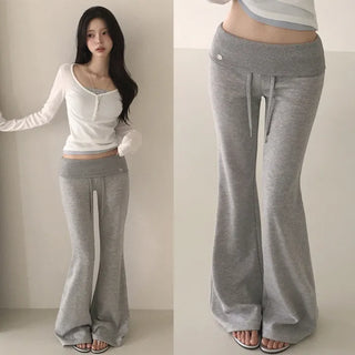 Folding Ribbed Elastic Pendant Low-Rise Bootcut Training Long Pants
