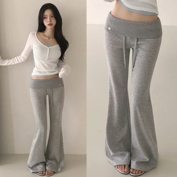 Folding Ribbed Elastic Pendant Low-Rise Bootcut Training Long Pants