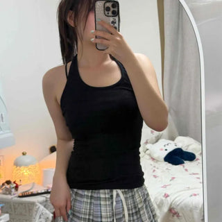 Halter Neck Ribbed Waist-Cinched Slim Fit Stretchy Sleeveless Top