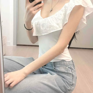 Cotton Frill Off-Shoulder Cap Sleeve Slim Fit Crop Blouse