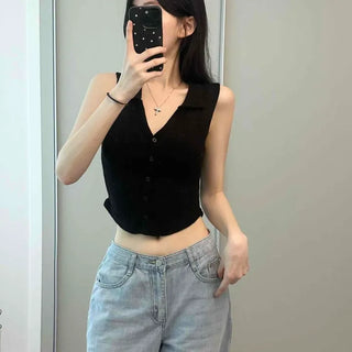 V-Neck Button Modal Ribbed Slim Fit Semi-Crop Sleeveless Top