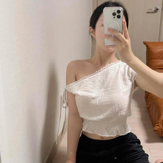 Off-shoulder Cap Sleeve Shirred Frill Asymmetrical Crop Blouse