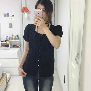 Puff Sleeve Square Neck Pintuck Short Sleeve Blouse