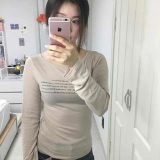 Round Neck Slim Fit Cotton Printed Lettering See-through Long Sleeve T-shirt