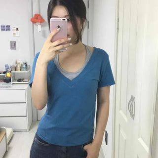 V-Neck Layered Sleeveless Color-Blocked Short Sleeve T-Shirt