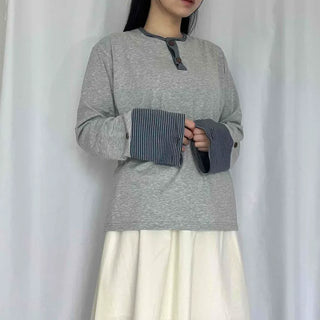 Henley Neck Button Contrast Loose Fit Cotton Long Sleeve T-shirt Set