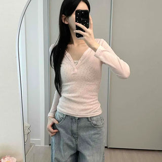 See-through Ribbed Button V-neck Slim Fit Long Sleeve T-shirt