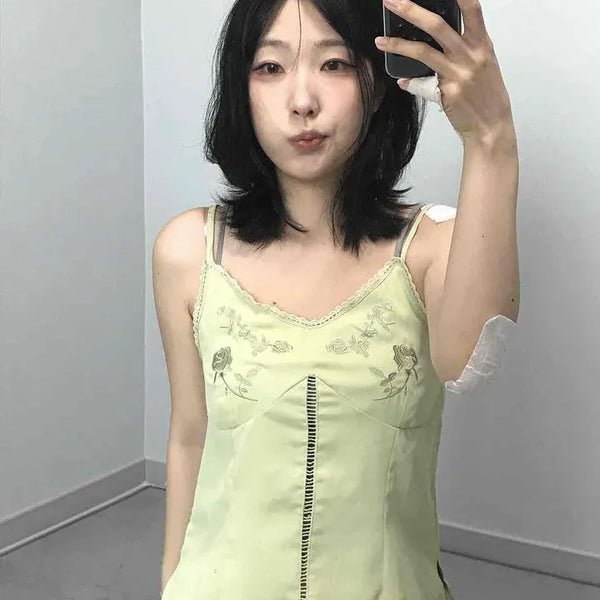 Floral Embroidery V-Neck Slim Fit Modal Strap Sleeveless Top