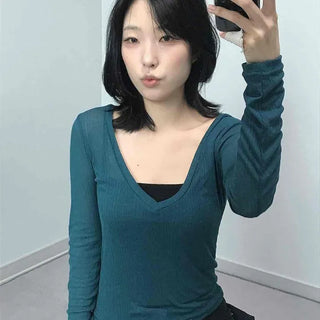 Deep V-Neck Ribbed See-through Salanta Delicate Fit Slim Fit Long Sleeve T-Shirt