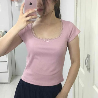 Ribbon Rib Knit Square Neck Slim Fit Crop Short Sleeve Tee